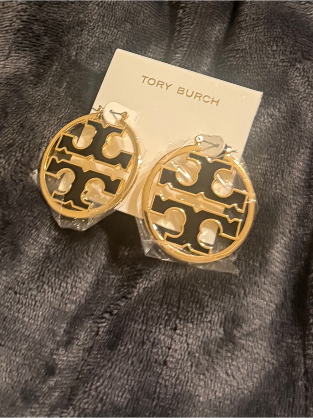 Tory Burch Gold and Black Logo Medallion Earrings